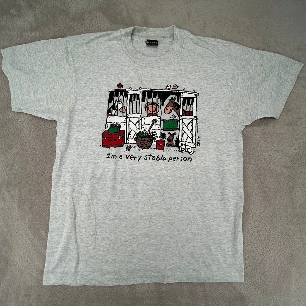 Vintage Fruit of the Loom Mens Large Gray Stable Person Graphic T-Shirt Preowned